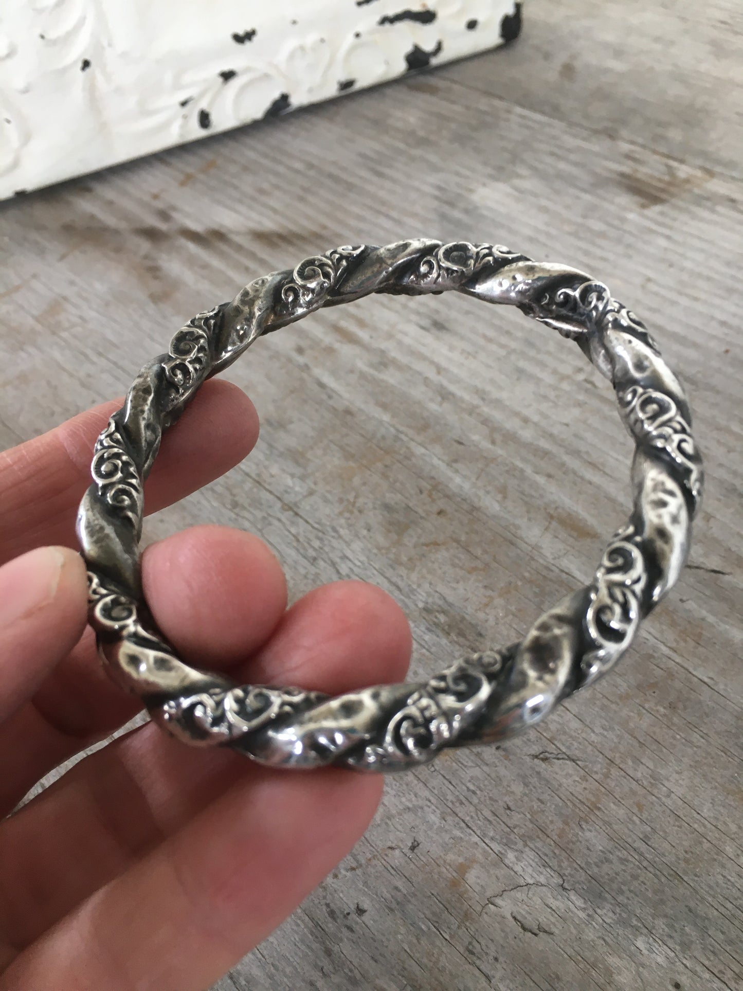 Sterling Silver Victorian Repousse Hollow Bangle Bracelet