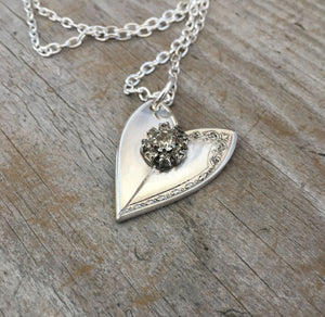 Upcycled silverware spoon heart necklace with rhinestone detail