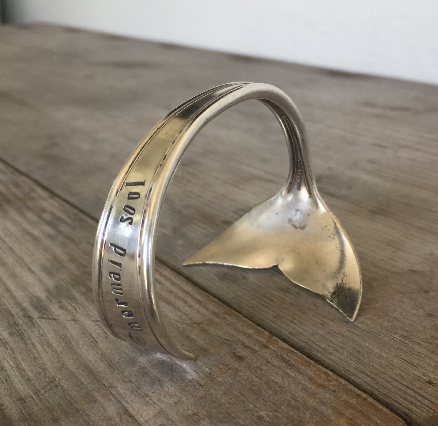 Side View of Upcycled Spoon Bracelet Stamped Mermaid Soul