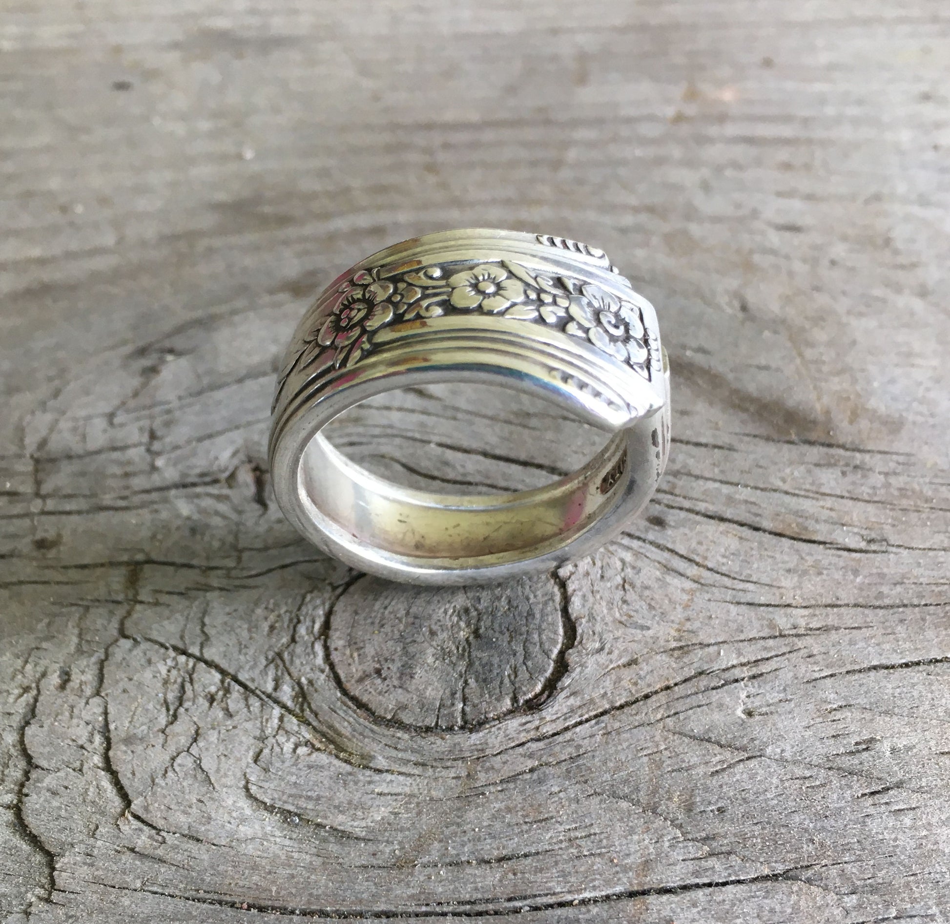 Fortune pattern spoon ring side view - Spoon Ring - handcrafted from upcycled vintage silverware - Laughing Frog Studio