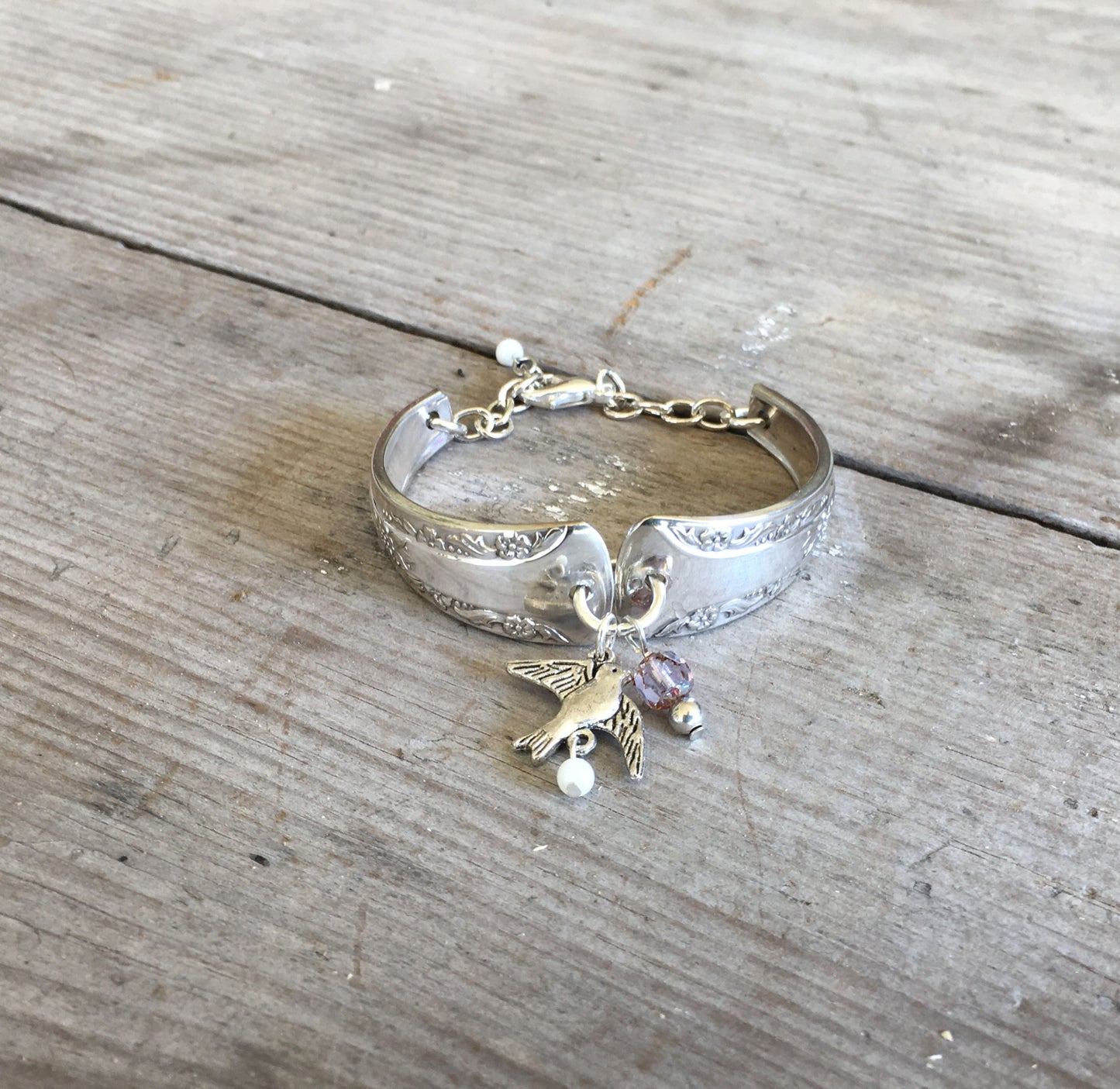 Spoon Bracelet Camelia with Pewter Bird charm and beads