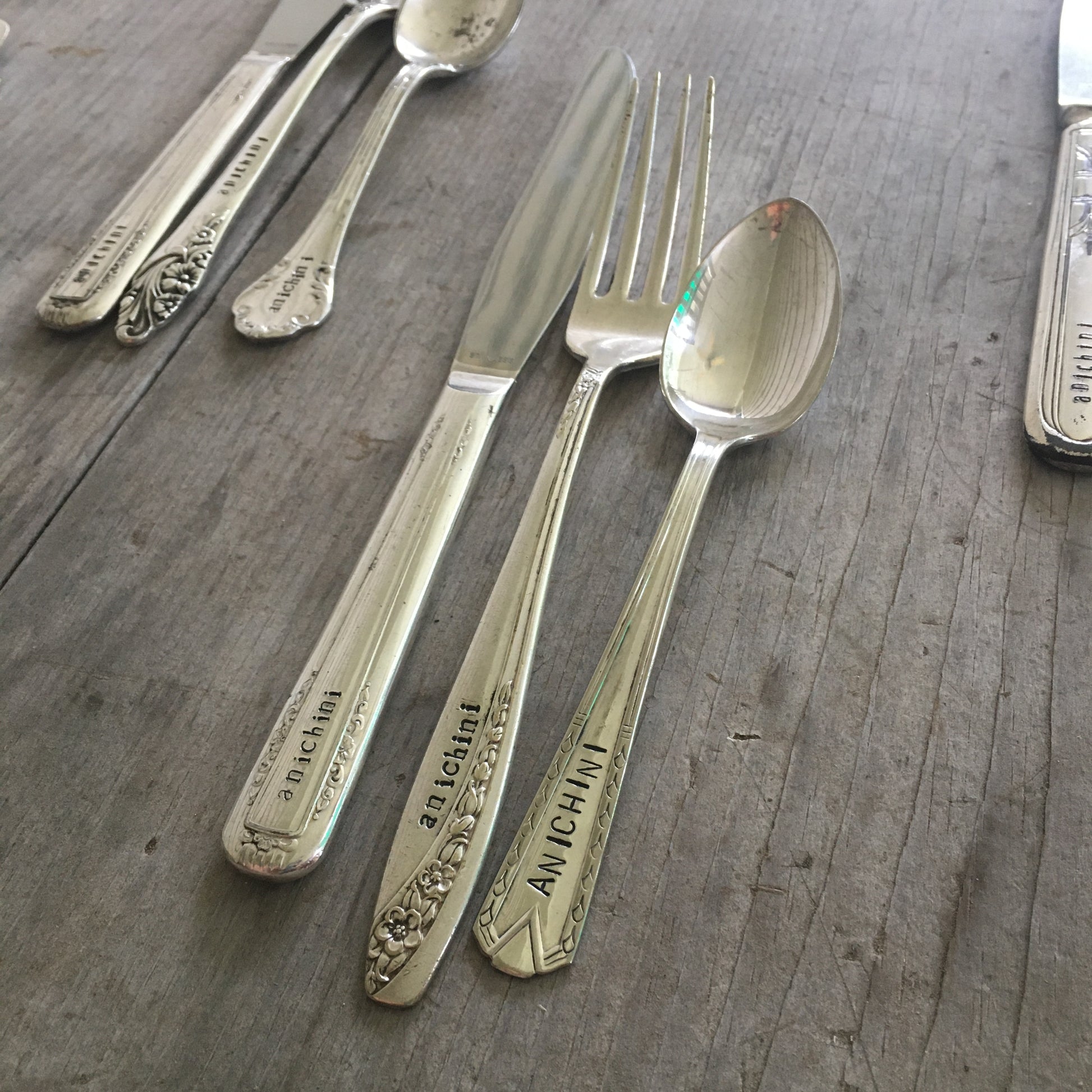 Custom stamped silverware place setting - vintage mismatched fork knife spoon with personalized message