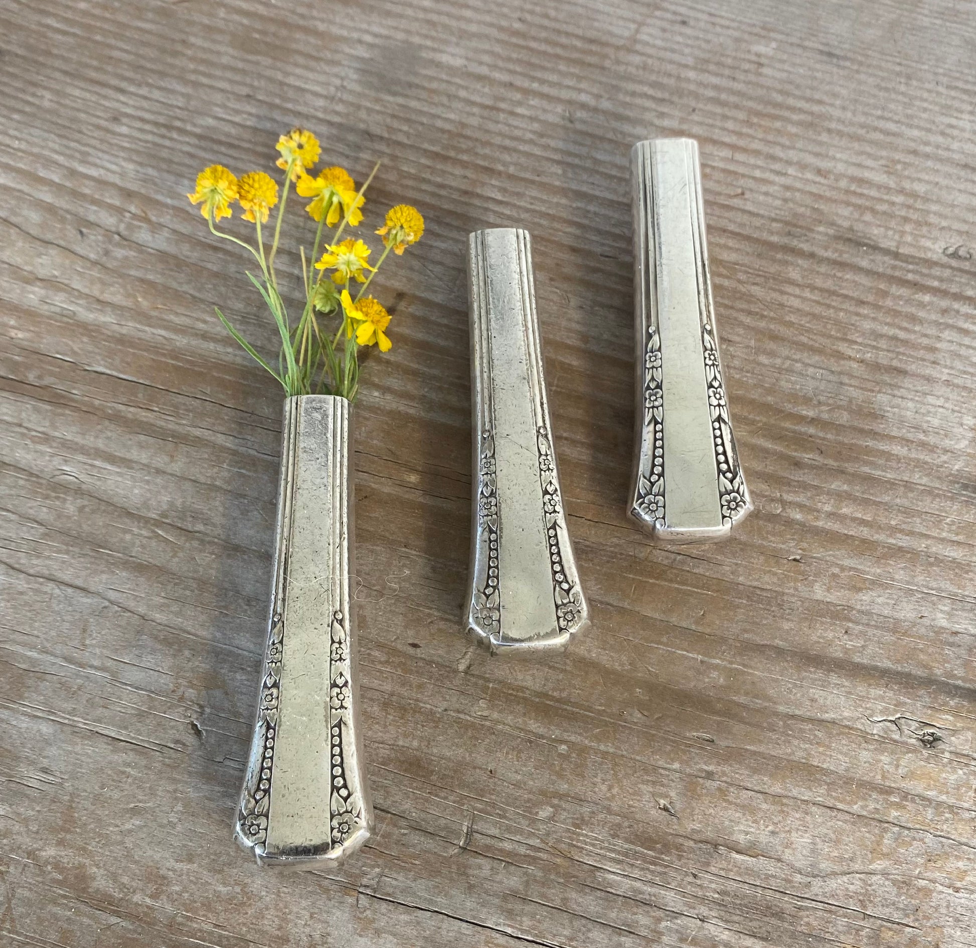 Magnetic knife vases crafted from upcycled vintage Del Mar silverware pattern 1939 hollow handle