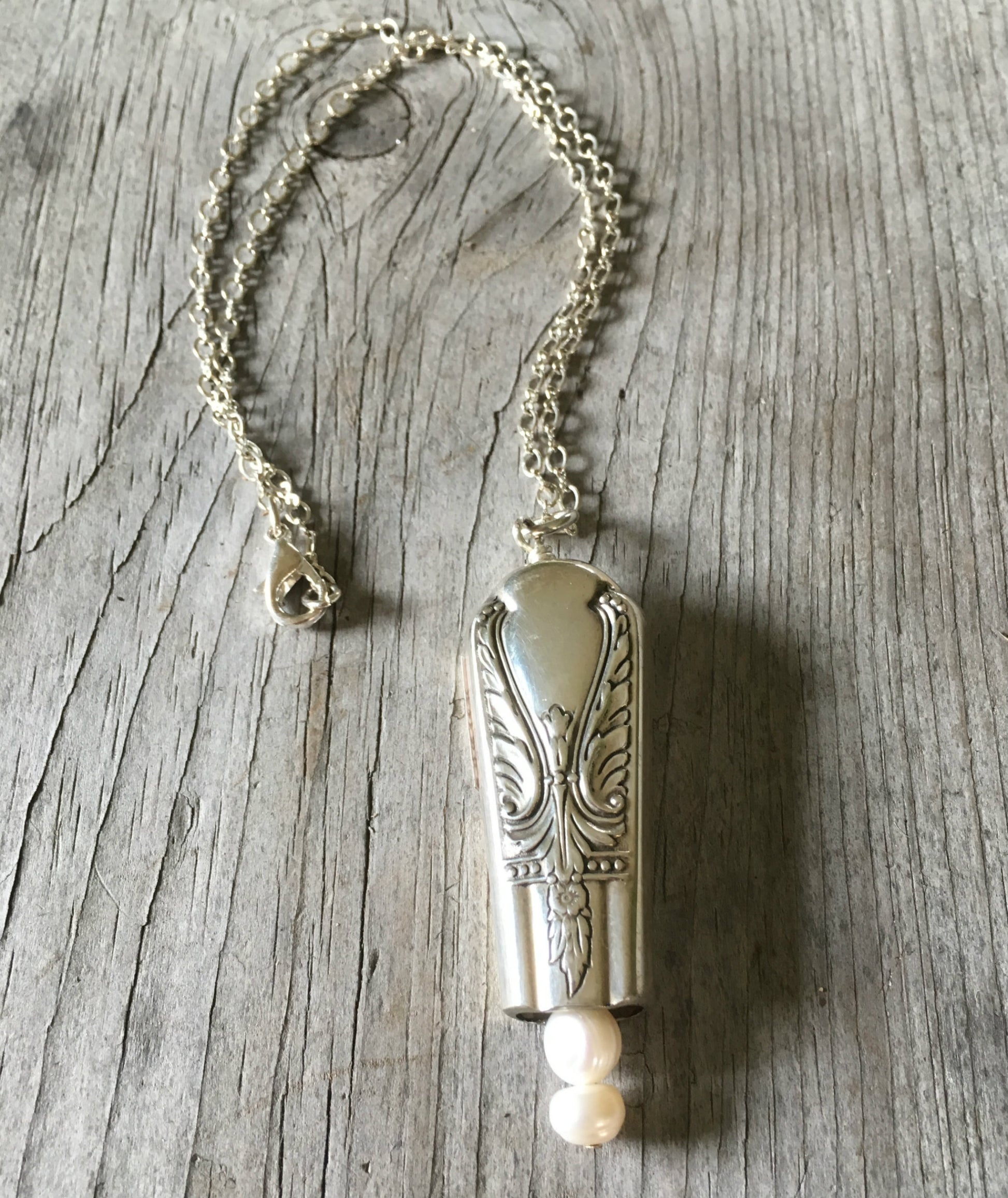 Knife Bell Necklace from Avalon Cabin Pattern accented with cultured pearls