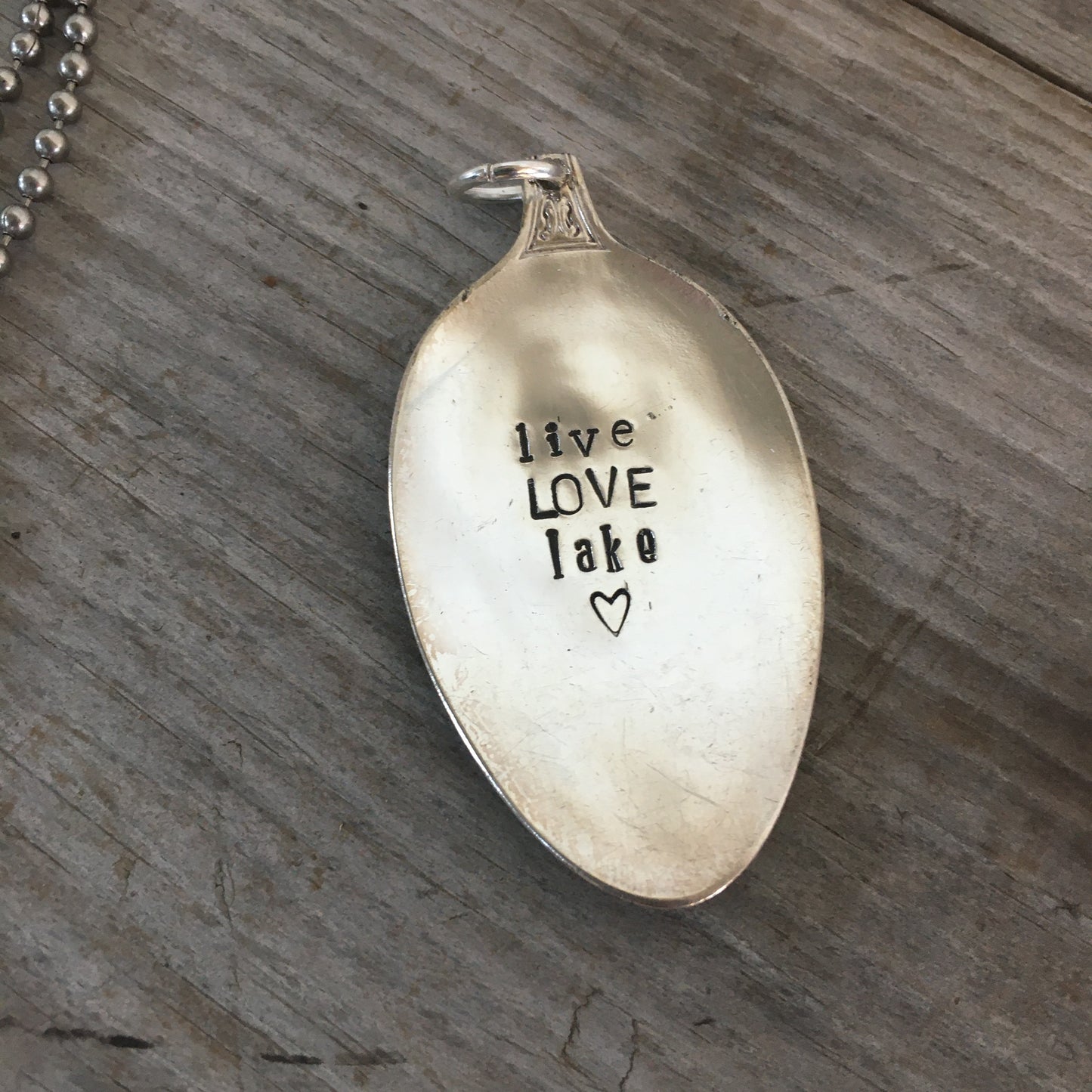 Live Love Lake handstamped spoon pendant made from upcyled silverware spoon bowl