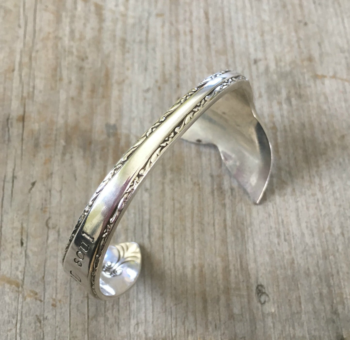 Hand Stamped Mermaid Soul Upcycled Silverware Spoon Cuff Bracelet shown on model wrist
