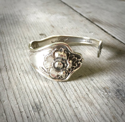 Detailed view of Reed and Barton Poppy pattern silverplate spoon cuff bracelet - handcrafted from upcycled vintage silverware - Laughing Frog Studio