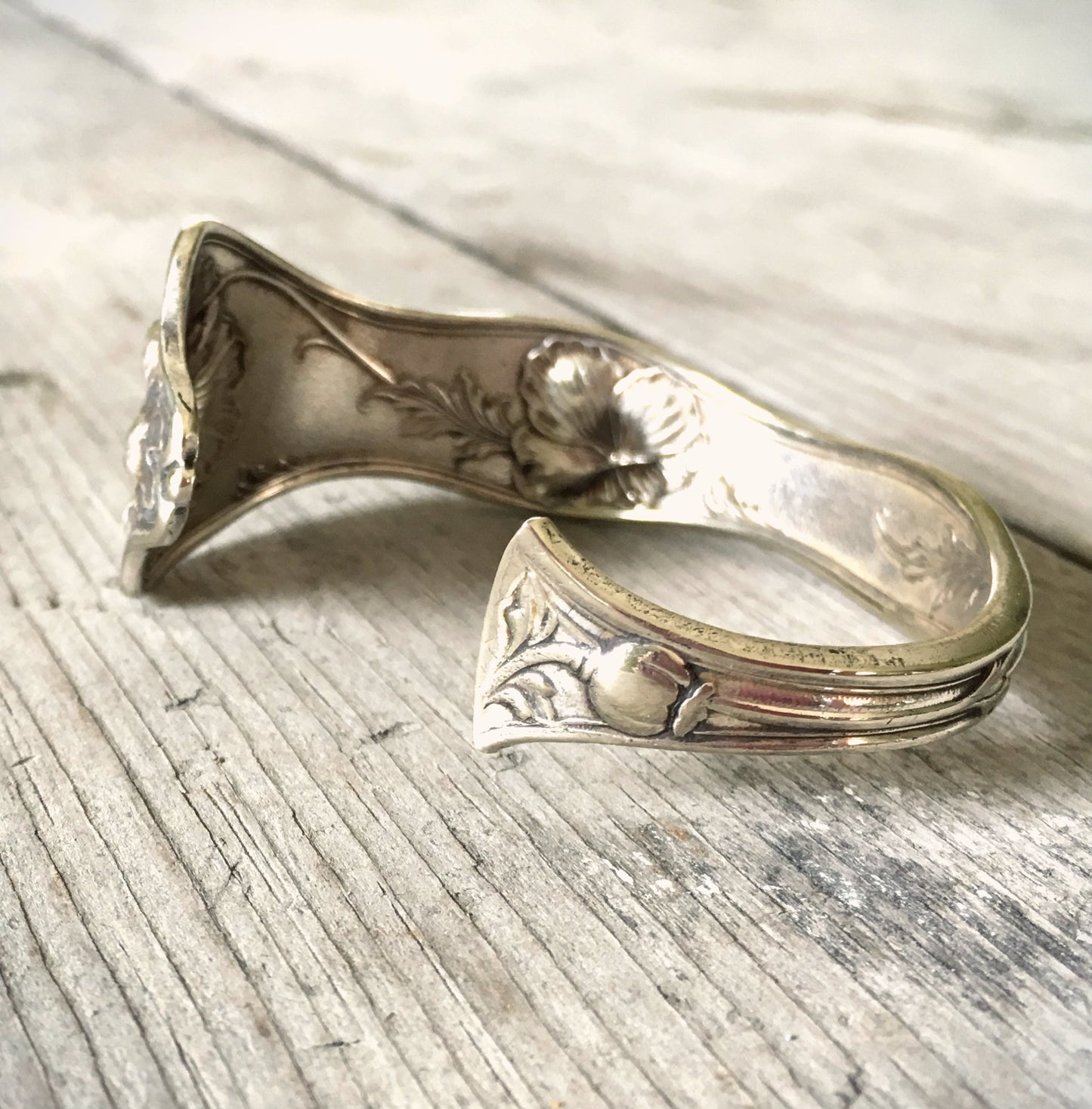 Reed and Barton Poppy silverplate cuff bracelet interior view - handcrafted from upcycled vintage silverware - Laughing Frog Studio