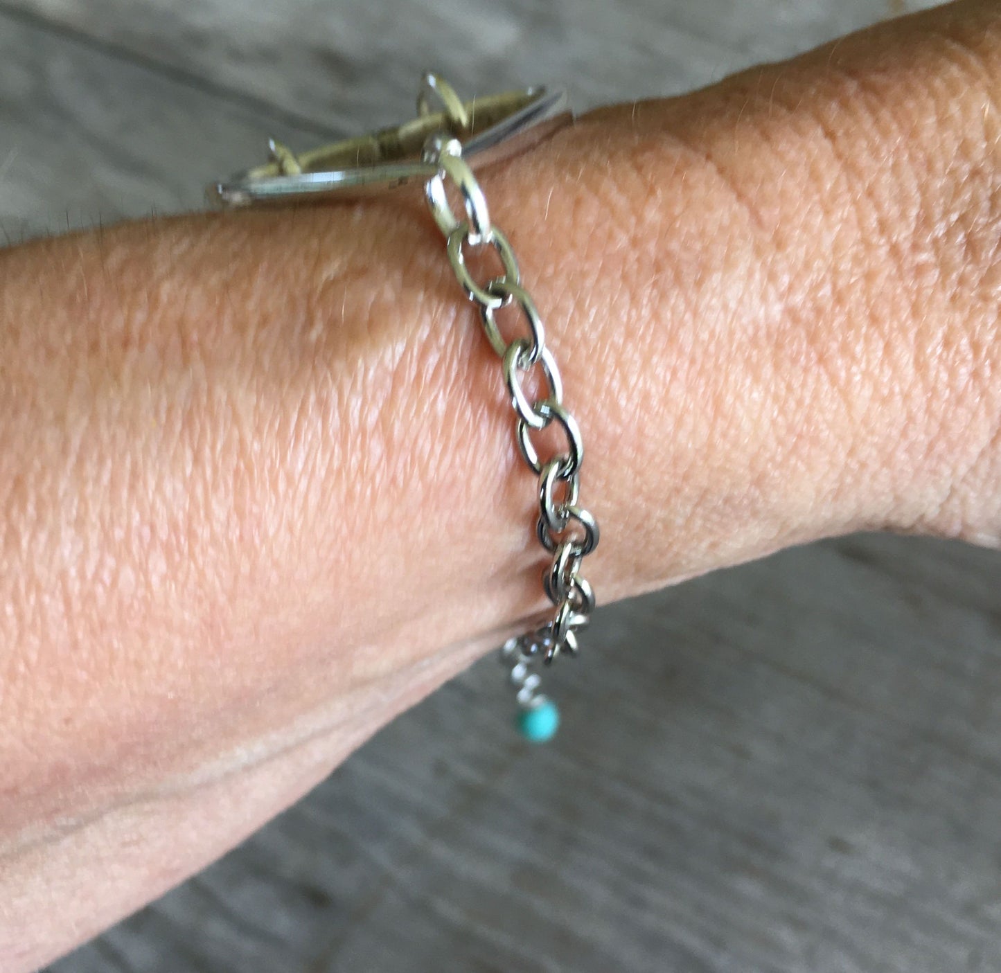 Relationship Hearts Upcycled Silverware Bracelet for Valentines Day Shown on Model