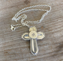 Back of Handmade Cross Necklace Made from upcycled silverware handles 