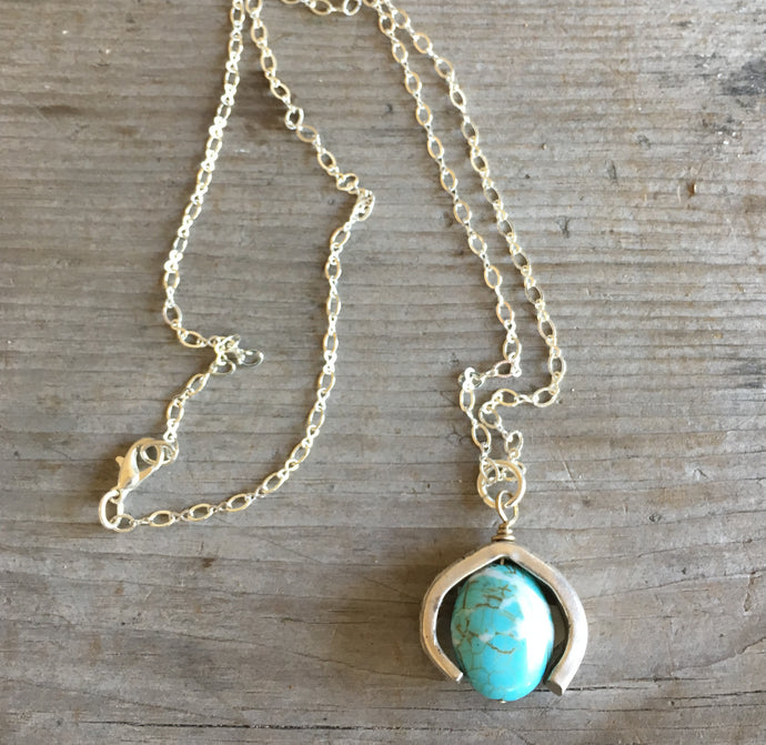Silverware Necklace from Scrap Piece and Turquoise Colored Stone