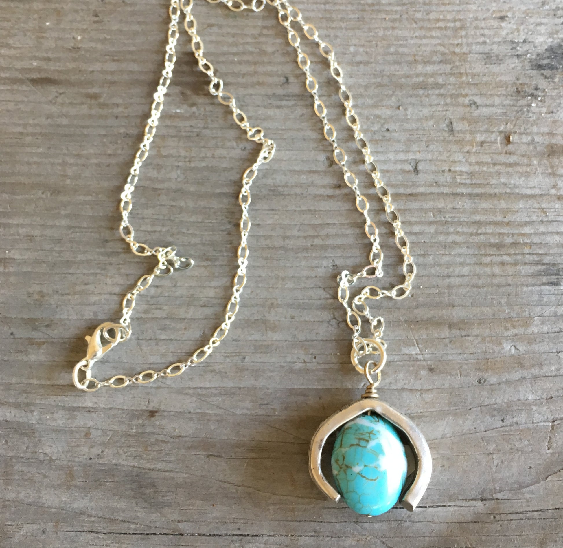 Silverware Necklace from Scrap Piece and Turquoise Colored Stone