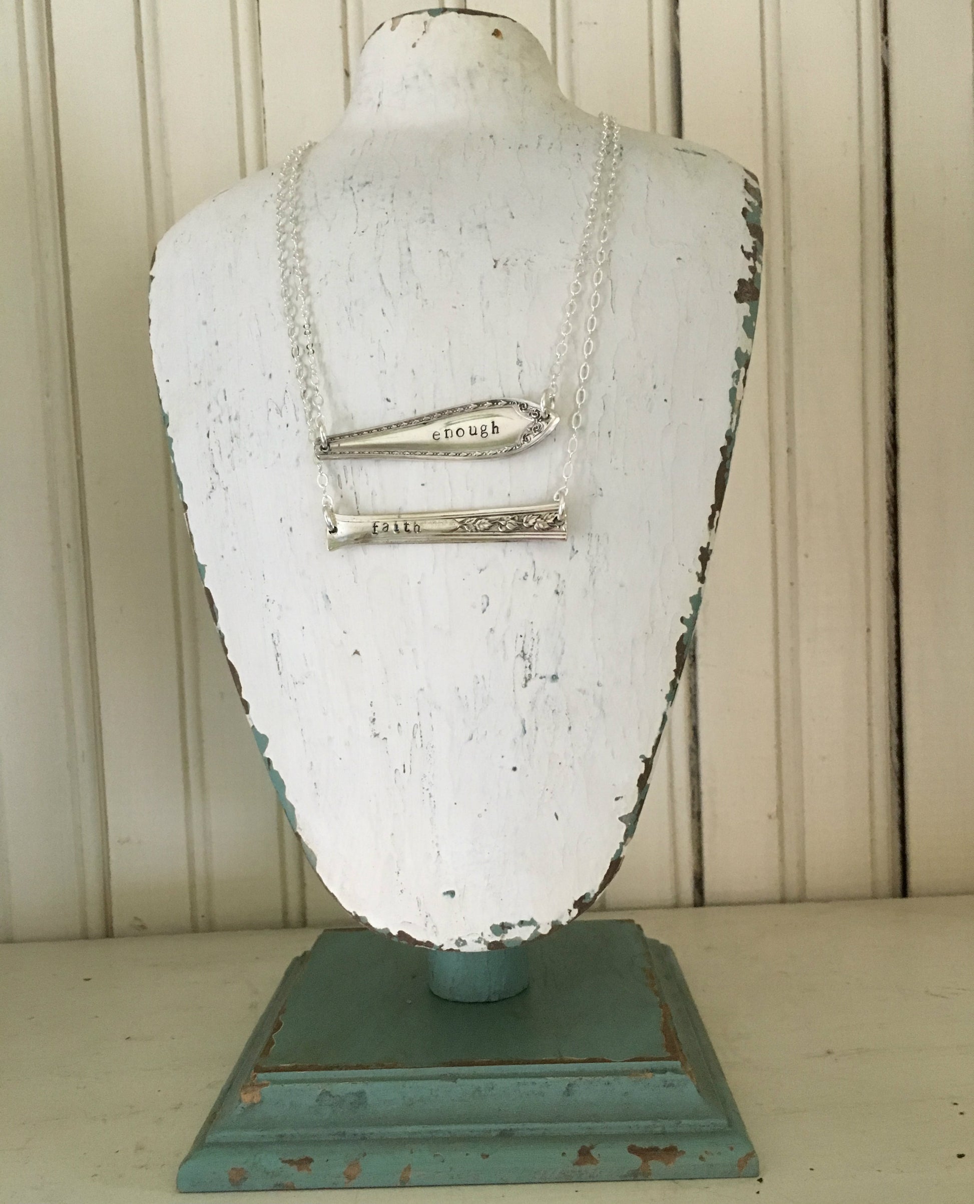 Silverware Necklace Scrap Bar Style Hand Stamped with Enough Shown Wide View with Silverware Necklace Scrap Bar Style Hand Stamped with FAITH