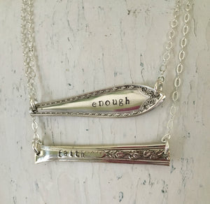 Silverware Necklace Scrap Bar Style Hand Stamped with Enough Shown Close Up with Silverware Necklace Scrap Bar Style Hand Stamped with FAITH