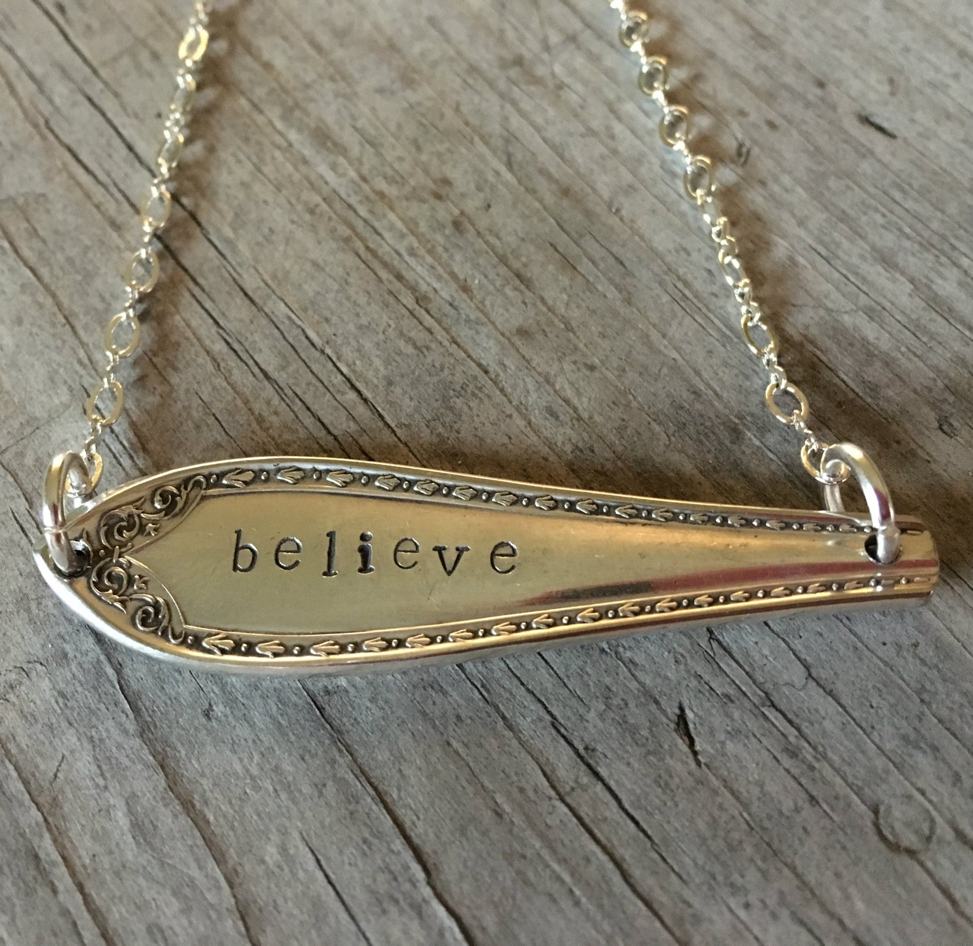 Silverware Necklace Scrap Bar Style Sheraton Hand Stamped Believe 4000 (2)