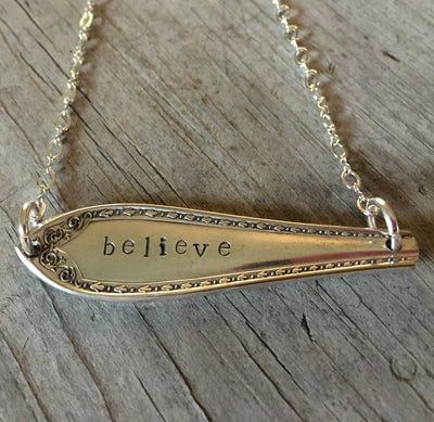 Silverware Necklace Scrap Bar Style Sheraton Hand Stamped Believe 4000 (2)