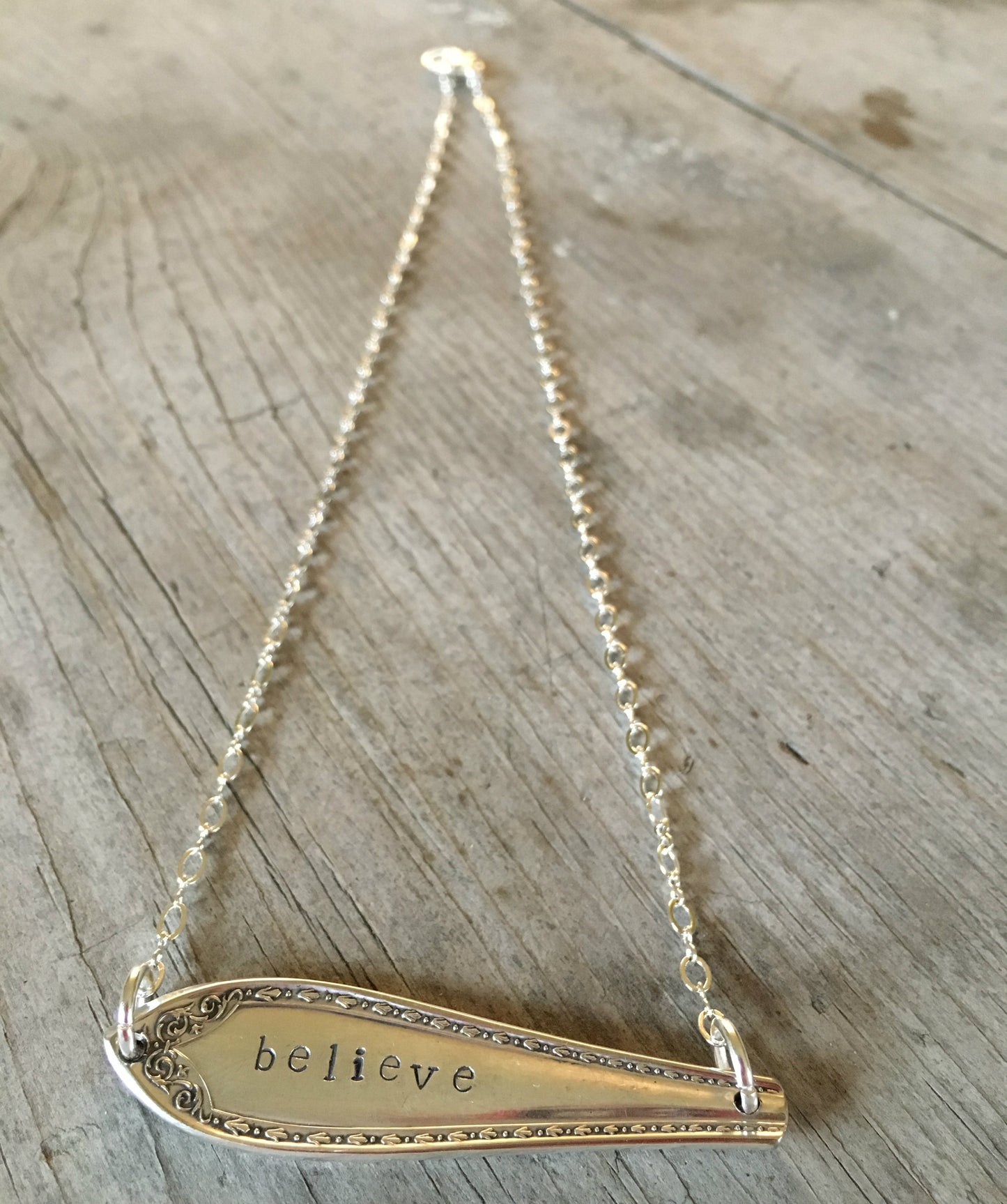 Wide Angle Shot ofSilverware Necklace Scrap Bar Style Sheraton Hand Stamped Believe 4000 (2)