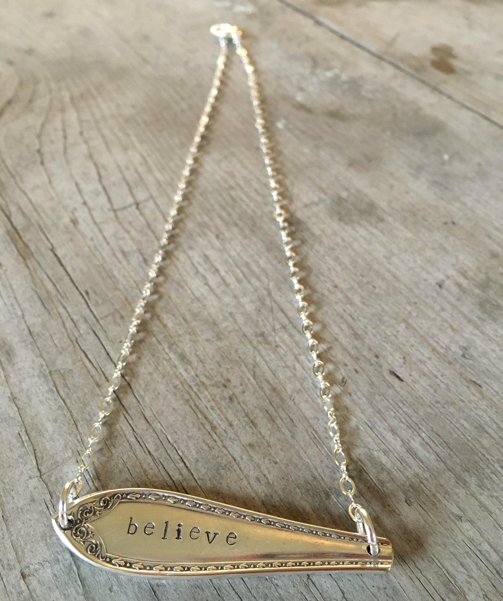 Wide Angle Shot ofSilverware Necklace Scrap Bar Style Sheraton Hand Stamped Believe 4000 (2)