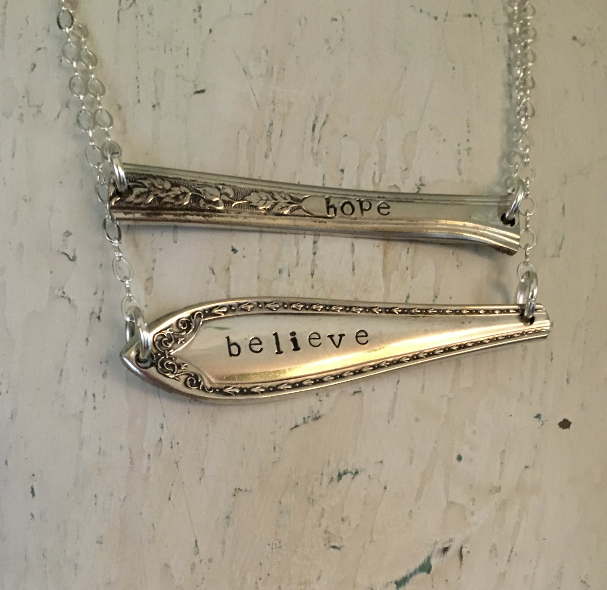 Silverware Necklace Scrap Bar Style Sheraton Hand Stamped Believe 4000 Shown with another scrap bar necklace