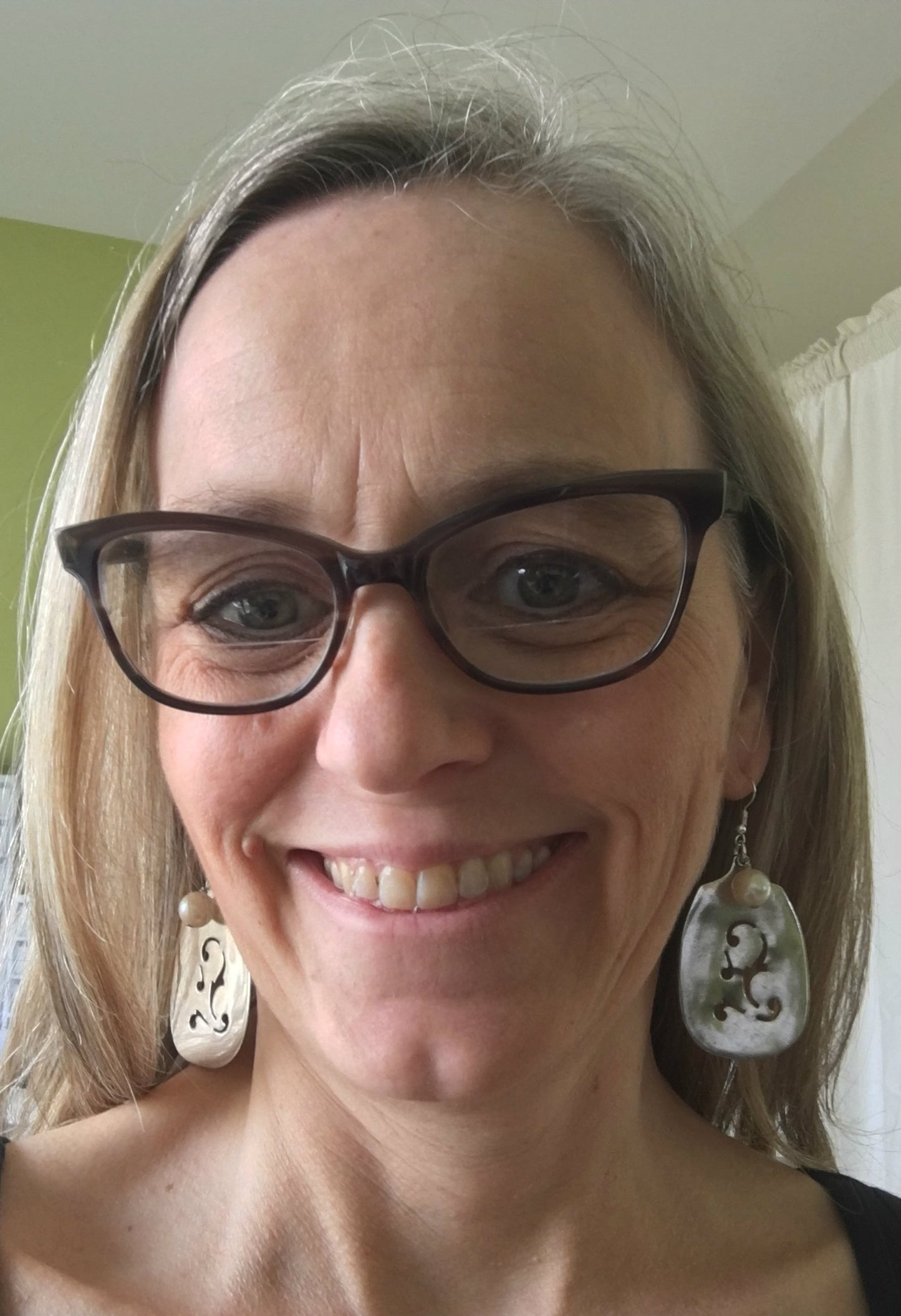 Slotted Sugar Spoon Earrings with Faux Pearl South Seas Silverplate Spoons on Person For Scale