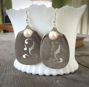 Slotted Sugar Spoon Earrings with Faux Pearl South Seas Silverplate Spoons Shown Hanging from Antique milk glass dish
