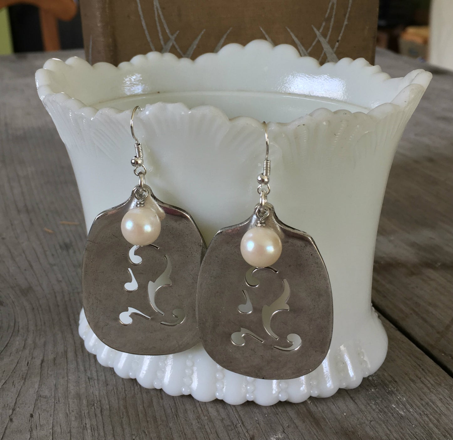 Slotted Sugar Spoon Earrings with Faux Pearl South Seas Silverplate Spoons Shown Hanging from Antique milk glass dish