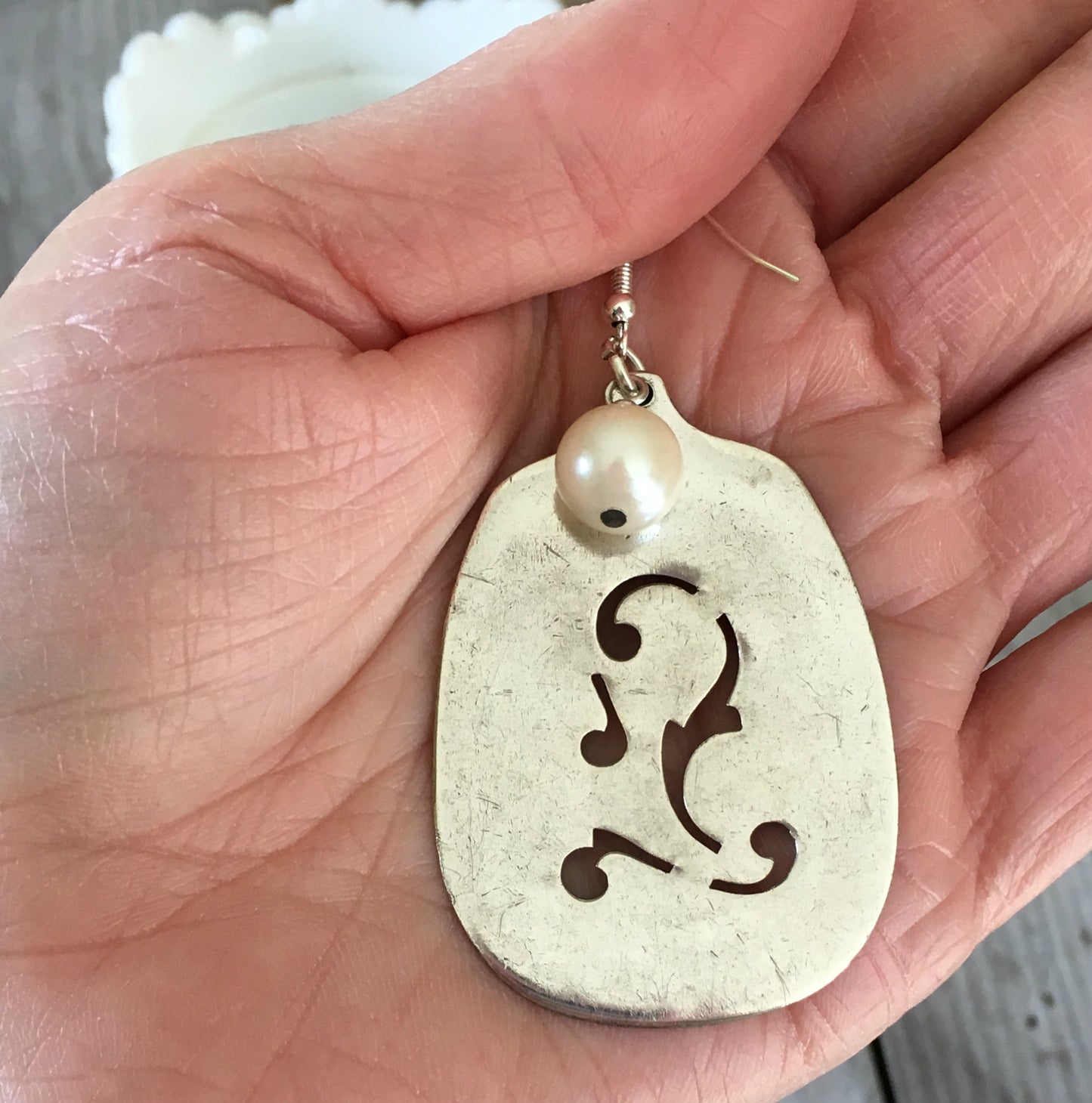Upcycled Silverware Jewelry Slotted Sugar Spoon Earrings with Faux Pearl South Seas Silverplate Shown in Hand for Scale