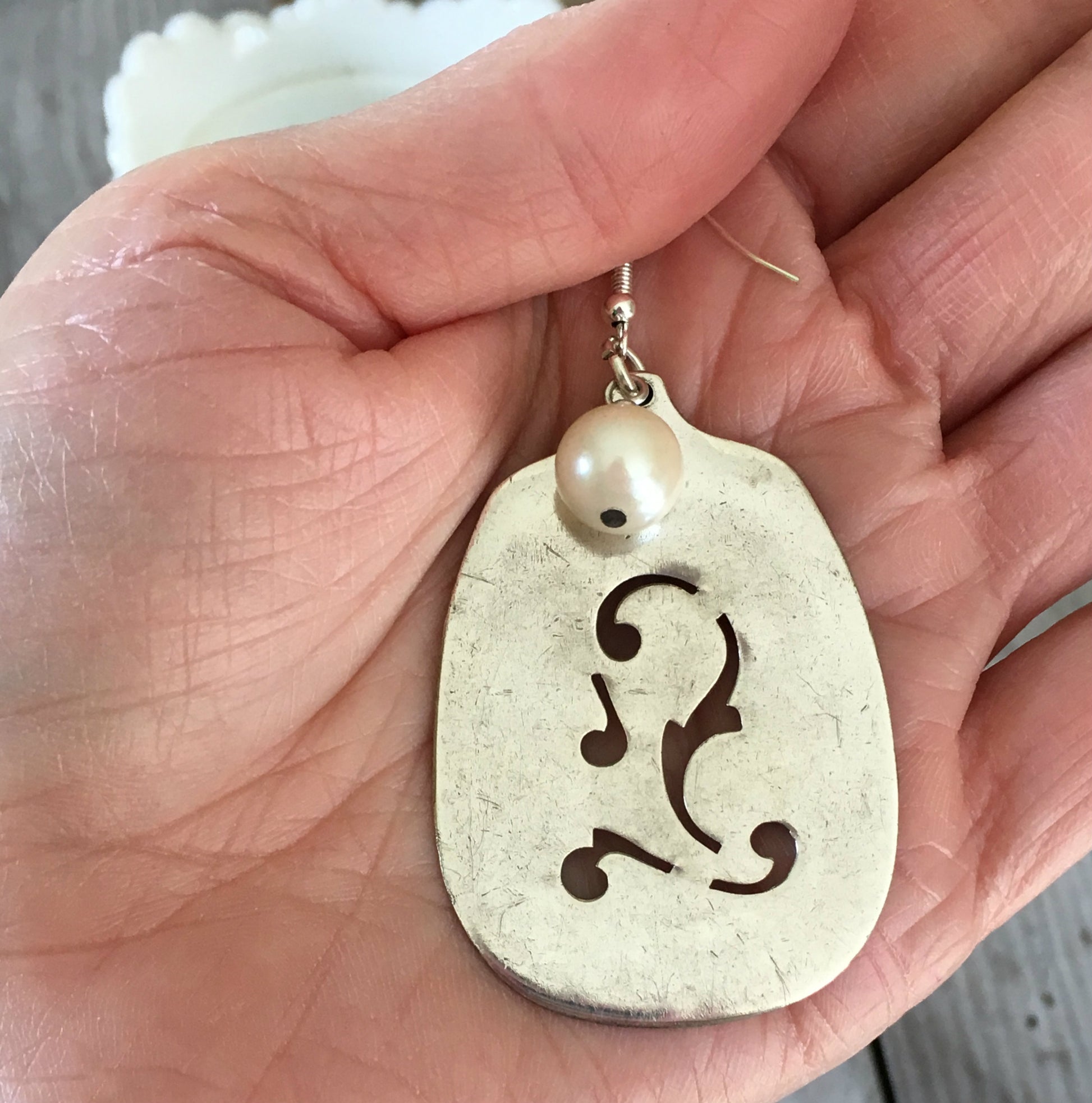Upcycled Silverware Jewelry Slotted Sugar Spoon Earrings with Faux Pearl South Seas Silverplate Shown in Hand for Scale