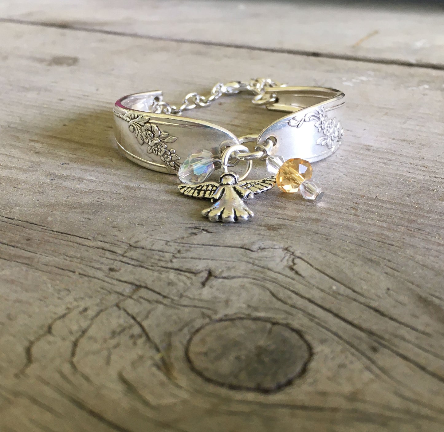 Spoon Bracelet with Angel Charm and Glass Bead