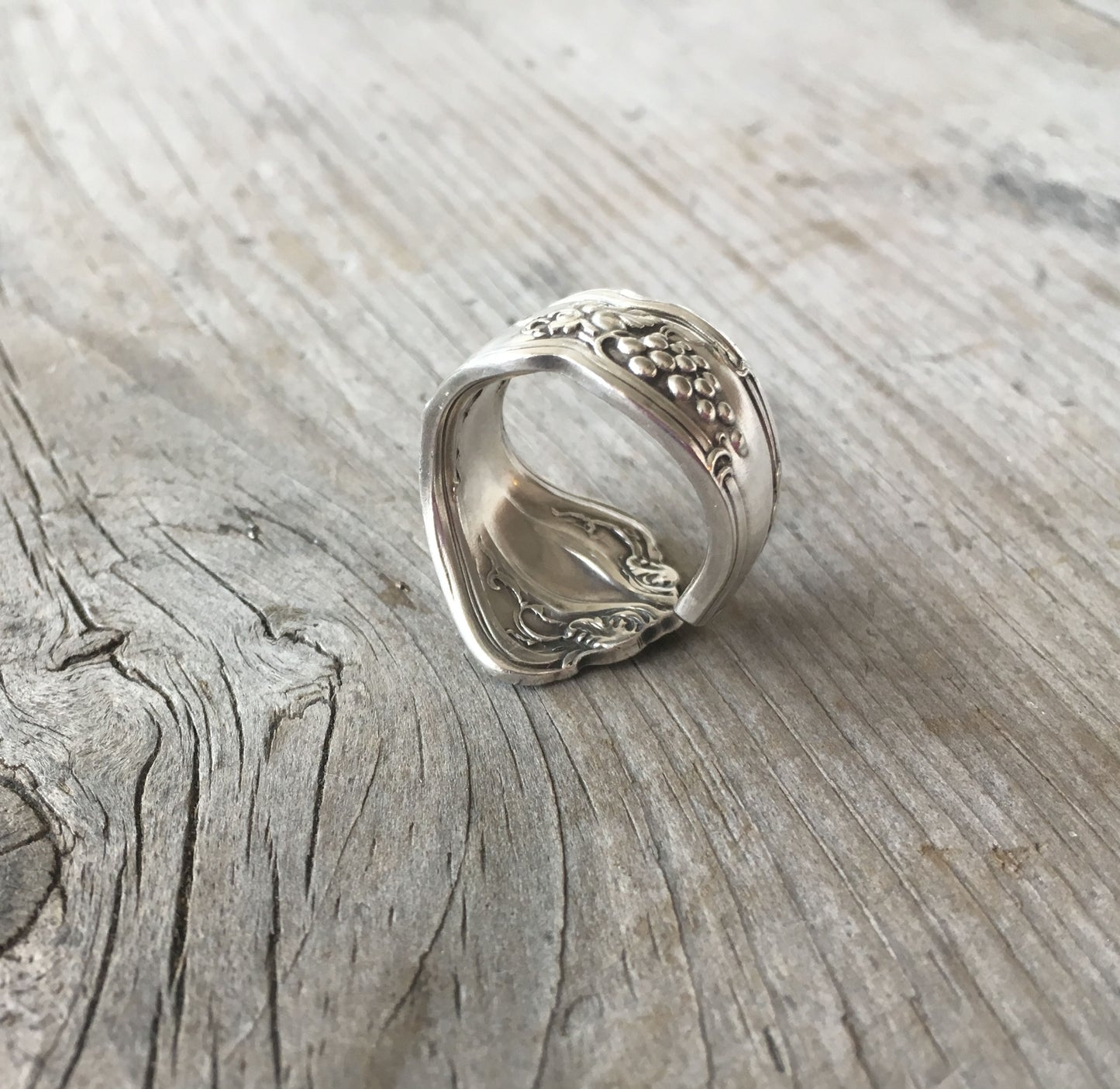 Alternate view of vintage grapes spoon ring highlighting unique upcycled silverware charm
