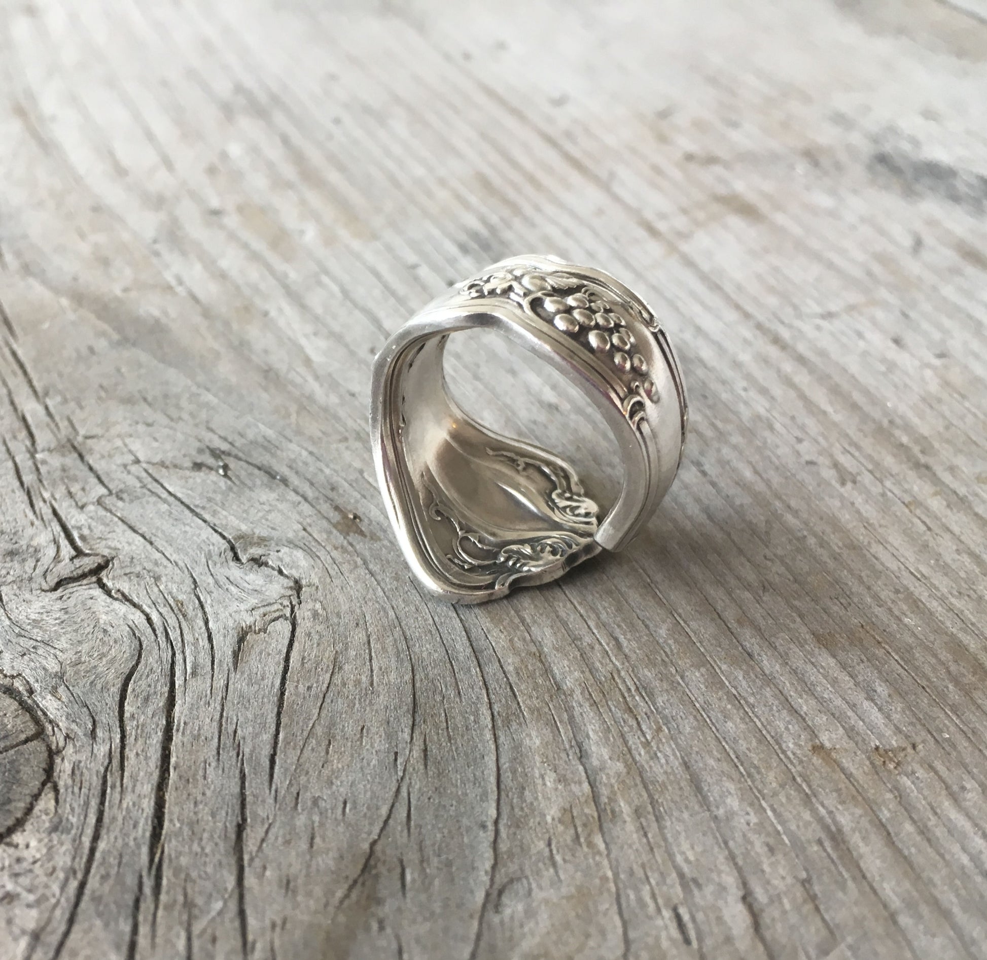 Alternate view of vintage grapes spoon ring highlighting unique upcycled silverware charm