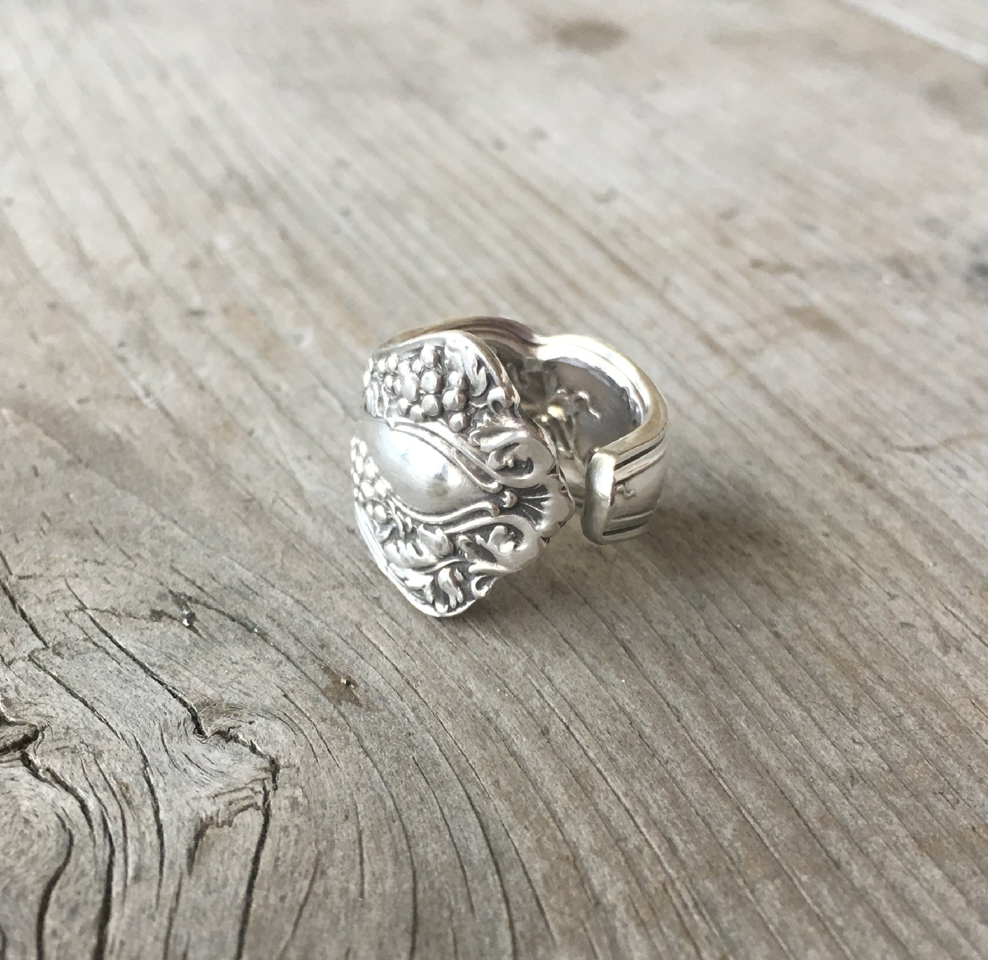 Vintage grapes pattern spoon ring made from upcycled 1847 Rogers silverware - handmade jewelry