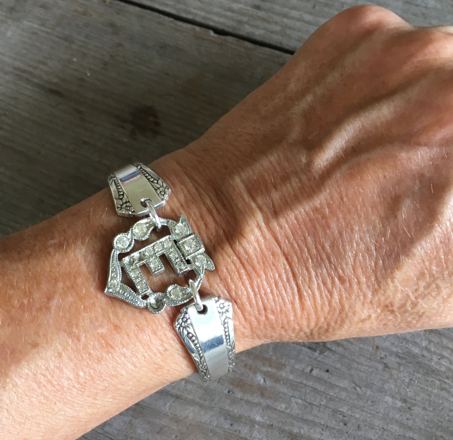 Spoon Bracelet with Vintage Rhinestone Shoe Clip Shown on Model