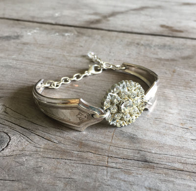 Vintage Spoon Link Bracelet with Rhinestone Button Accent