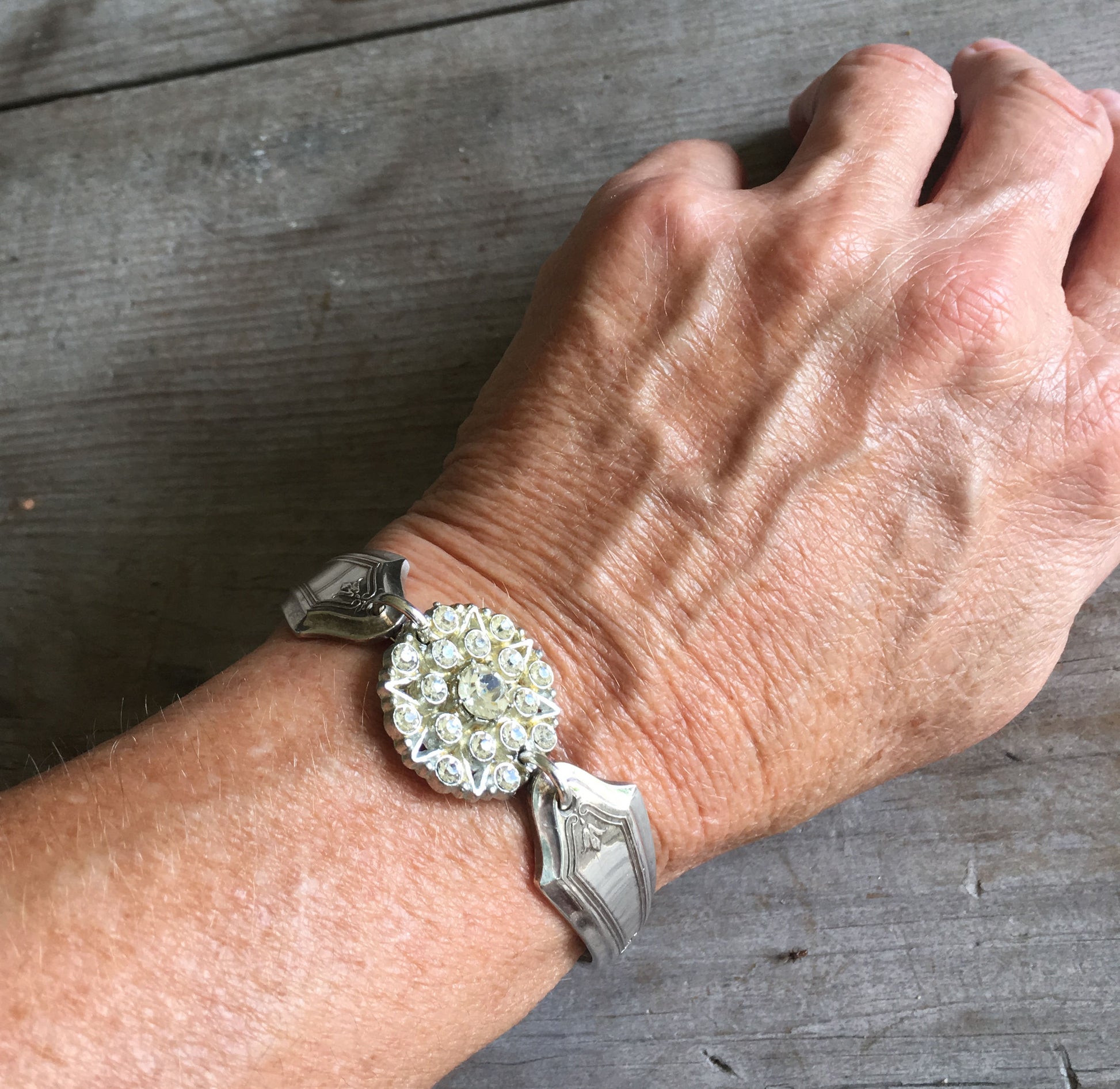 Tudor Plate Duchess Spoon Bracelet with vintage rhinestone button