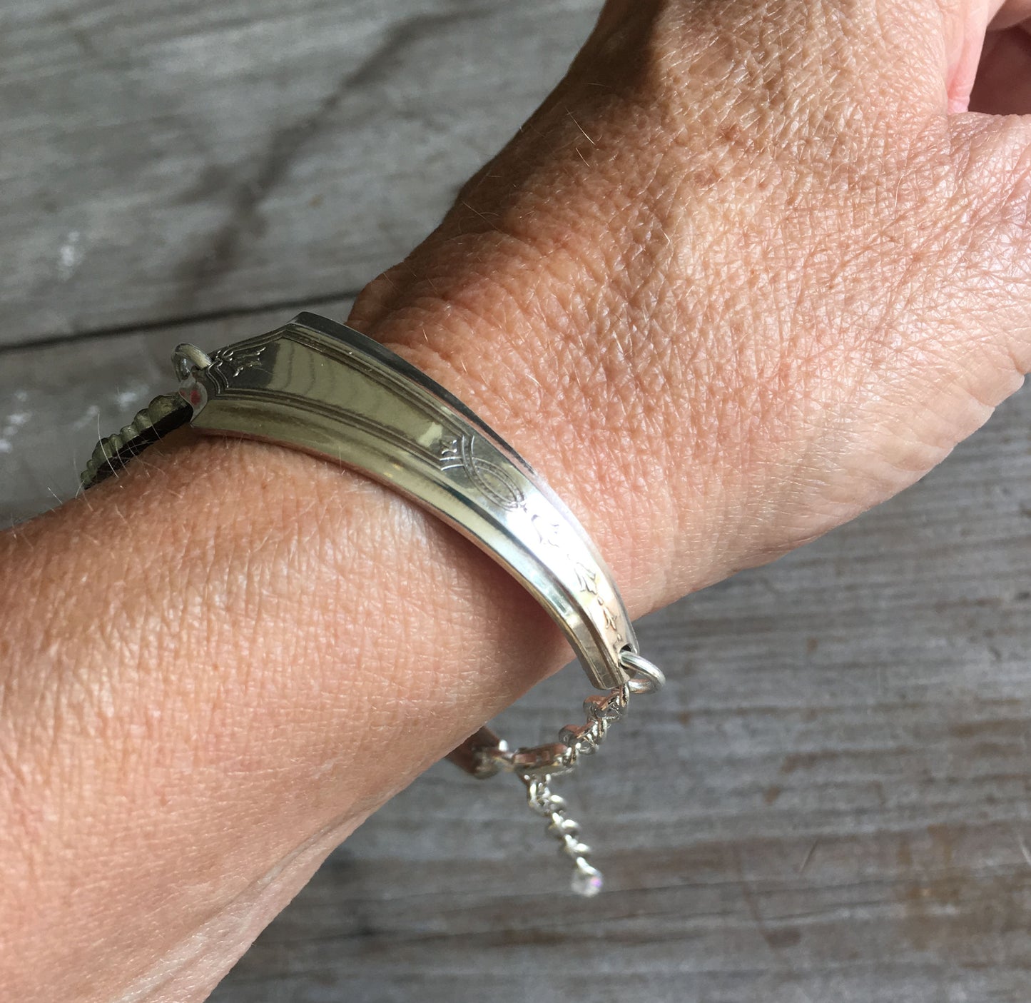 Tudor Plate Duchess Spoon Jewelry Upcycled Silverware Bracelet Shown on Wrist for size