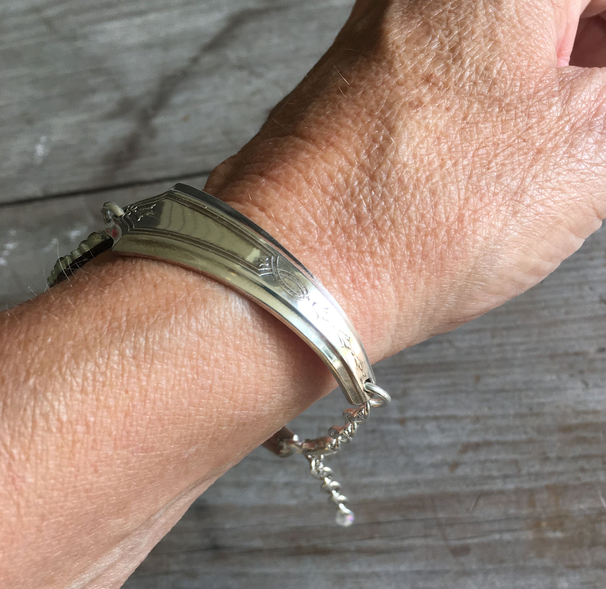 Tudor Plate Duchess Spoon Jewelry Upcycled Silverware Bracelet Shown on Wrist for size