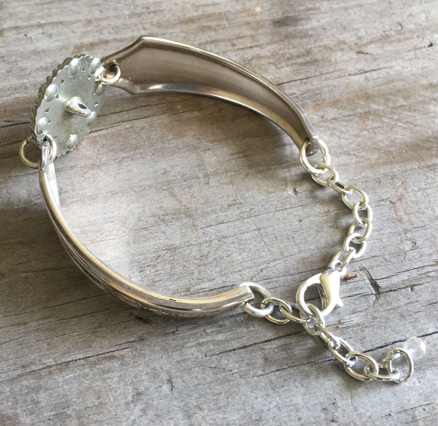 Upcycled silverware bracelet rhinestone button inside view