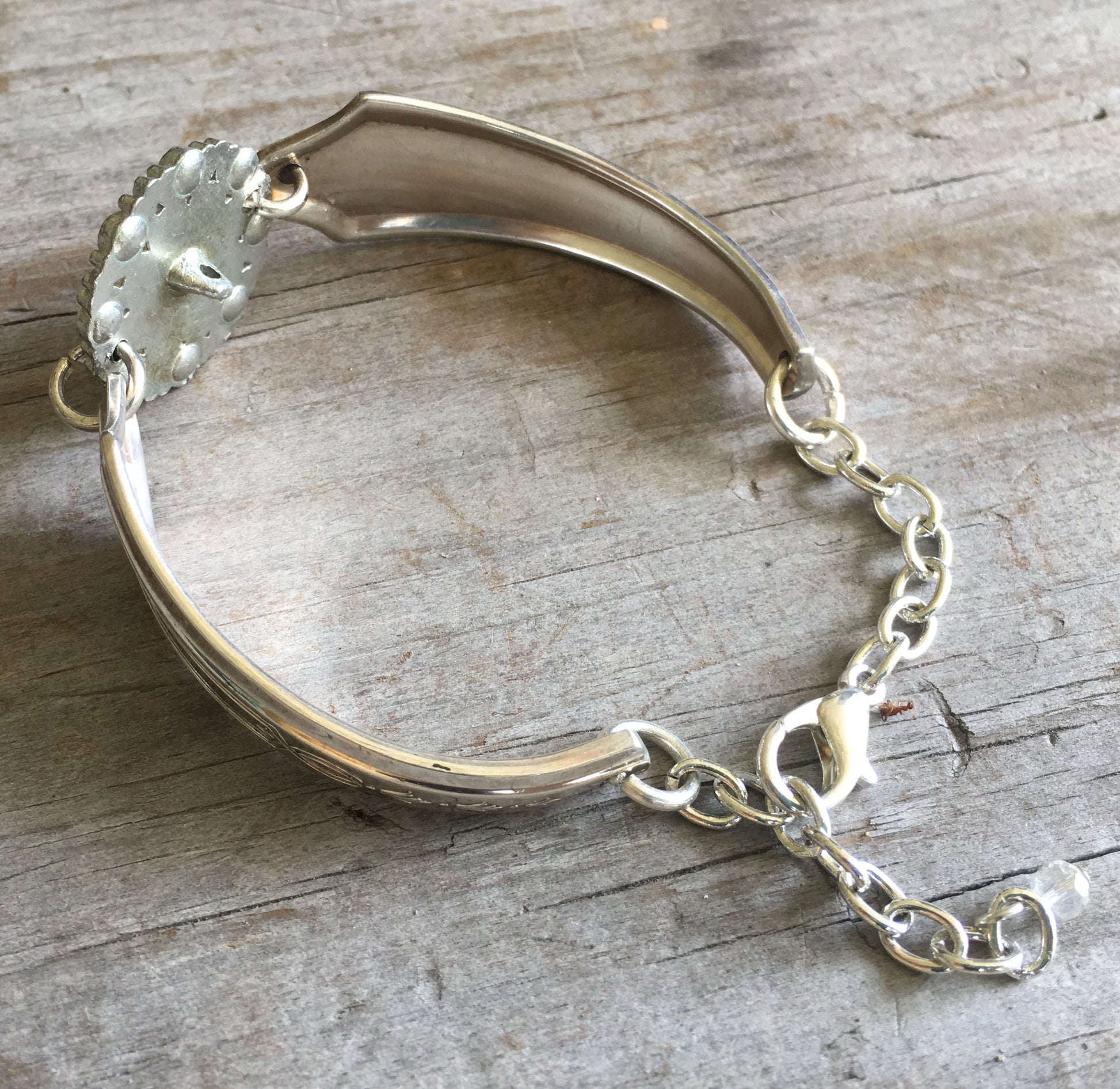 Upcycled silverware bracelet rhinestone button inside view