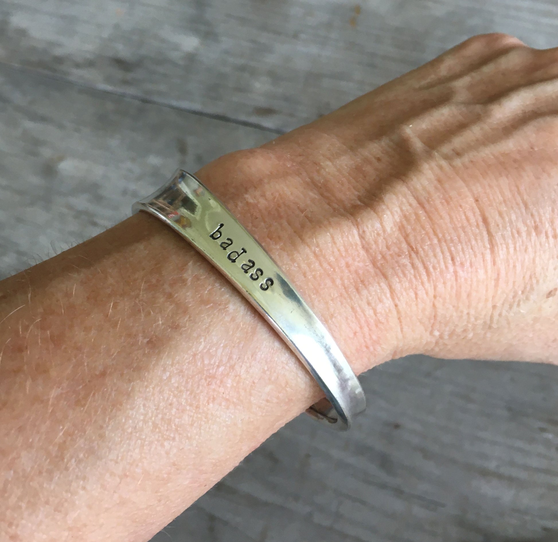 Spoon Cuff Bracelet Stamped BADASS Shown on model