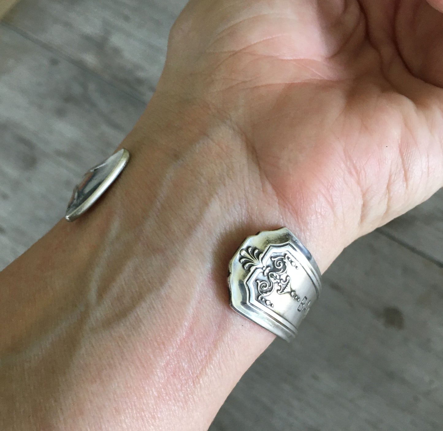 Tudor Plate Queen Bess Spoon Cuff Bracelet Shown on Model