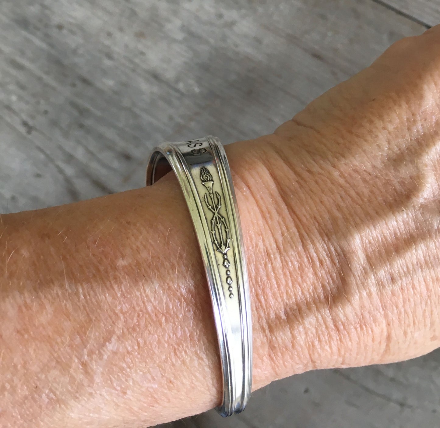 Tudor Plate Queen Bess Spoon Cuff Bracelet Shown on Model
