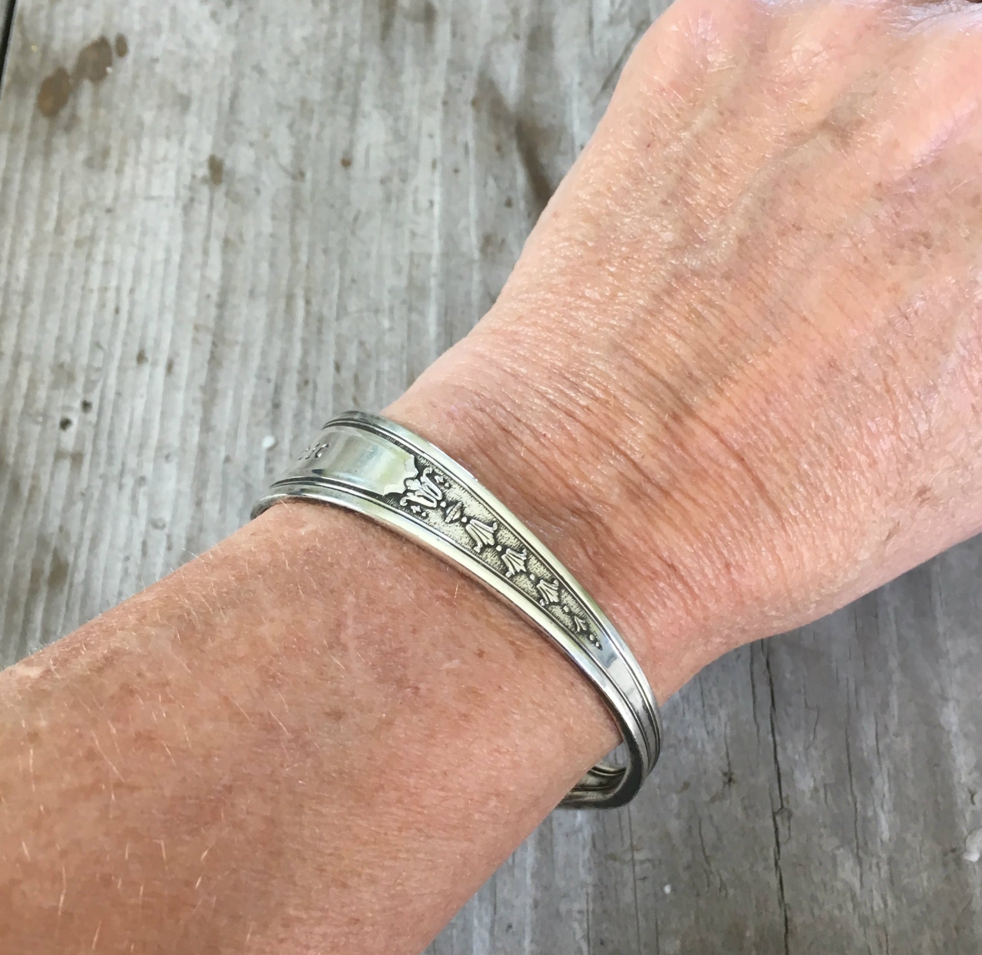 Spoon Cuff Bracelet Hand Stamped AUTHENTIC shown on model arm