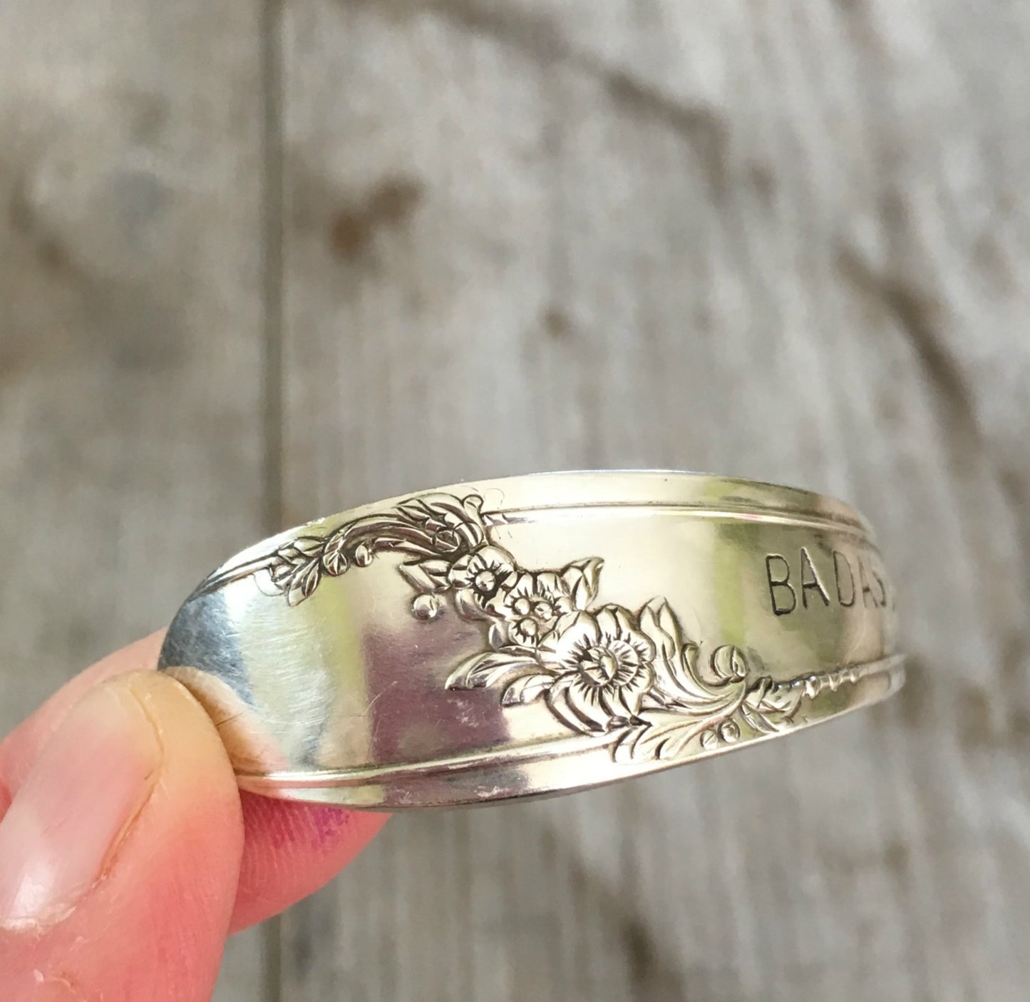 Detail of Tudor Plate Queen Bess Spoon Handle Cuff Bracelet