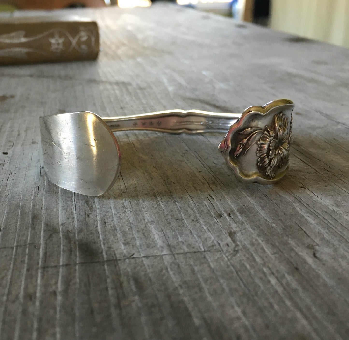 Carnation silverplate spoon cuff bracelet alternate view - handcrafted from upcycled vintage silverware - Laughing Frog Studio