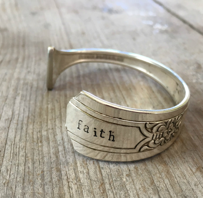 Stamped Spoon Cuff Bracelet FAITH on Fenway Silverplate Spoon Handle