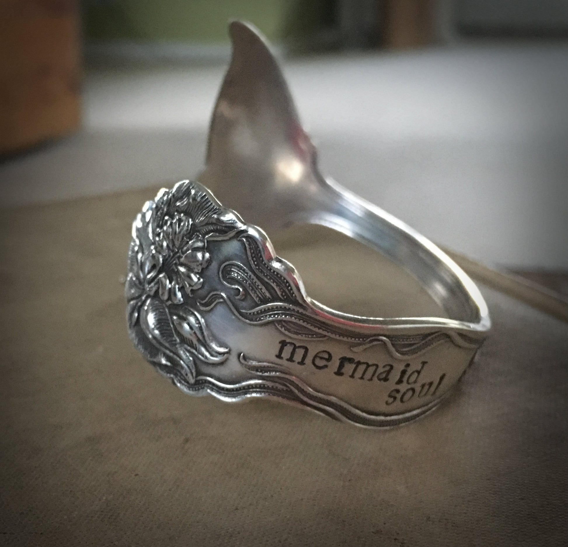 Spoon Cuff Bracelet with Mermaid Tail Fin Handstamped Mermaid Soul