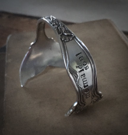 Upcycled silverware spoon cuff bracelet handstamped mermaid soul