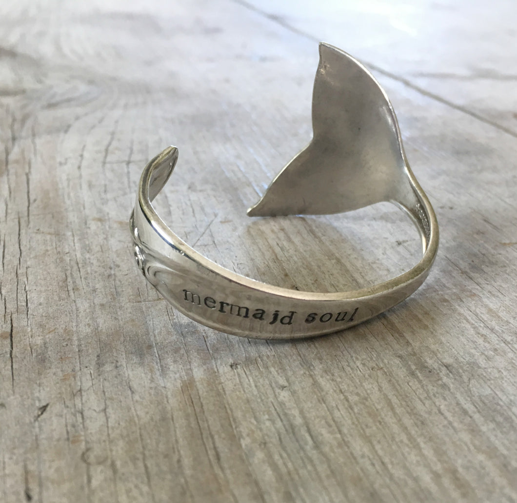 Spoon Cuff Bracelet with Mermaid Tail Fin Hand Stamped Mermaid Soul