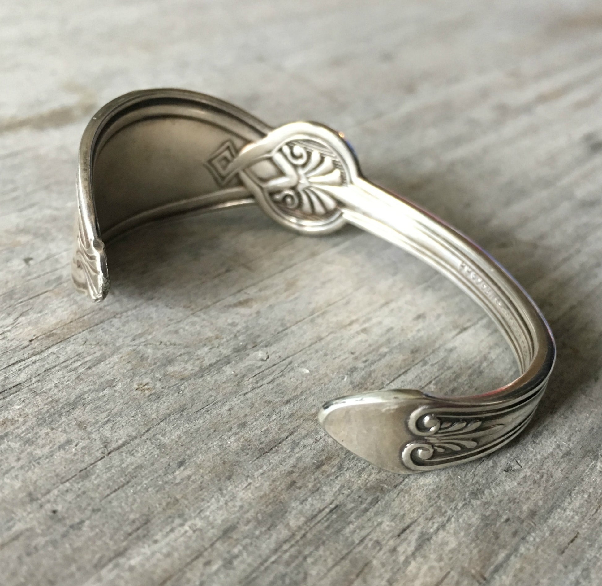 Spoon Cuff Bracelet 1865 Rogers Roman Size Small Inside View Shows Detail on Inside